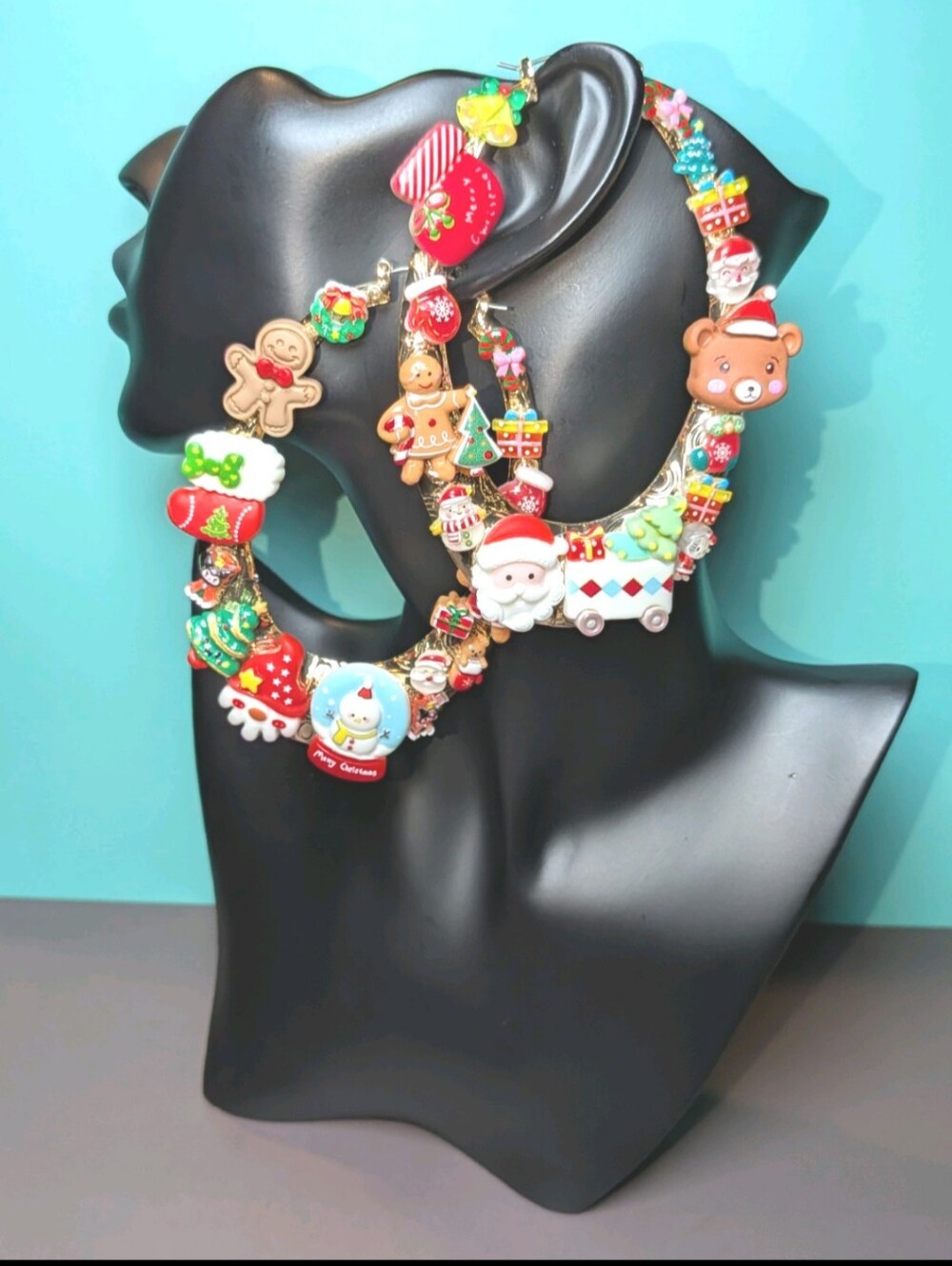 Hand Crafted Festive Red Green White Holiday Charm Xl Hoop Earrings For Women